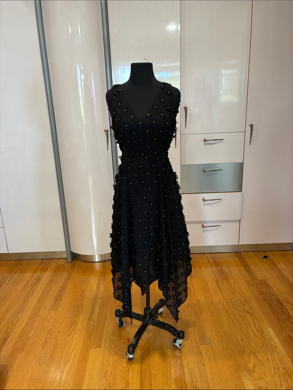 Black Embellished V-Neck High-Low Dress